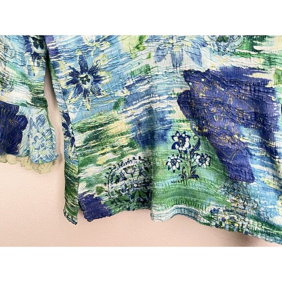 VTG Blue Green Floral Bell Sleeve Blouse Beaded Fairy Whimsical Earthy Moss Art - Picture 4 of 7